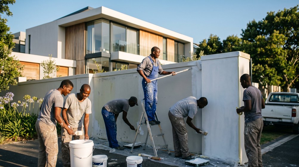 Professional team painting a boundary wall at a modern home in Rawsonville