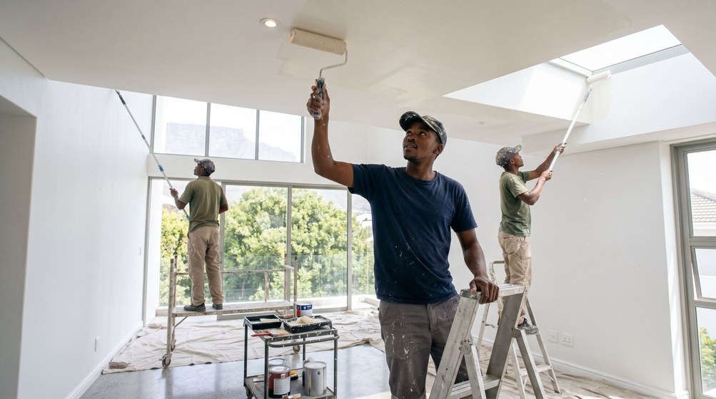 Professional ceiling painters rolling white paint onto a high ceiling in Rawsonville