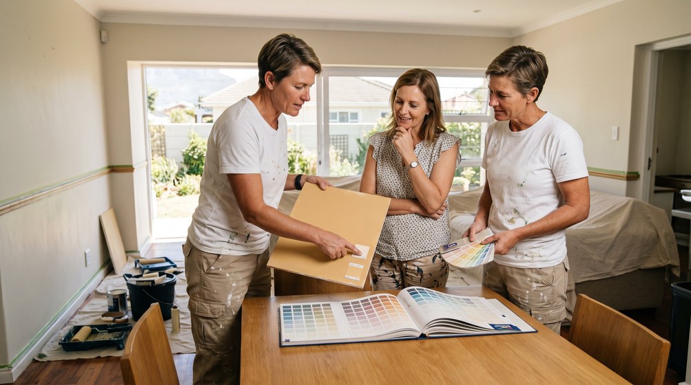 Professional colour consultant showing paint swatches to a homeowner in Rawsonville
