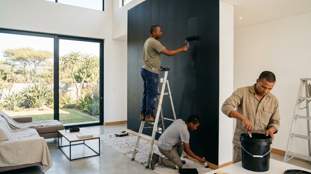 Professional painters creating a bold black feature wall in a modern Rawsonville home