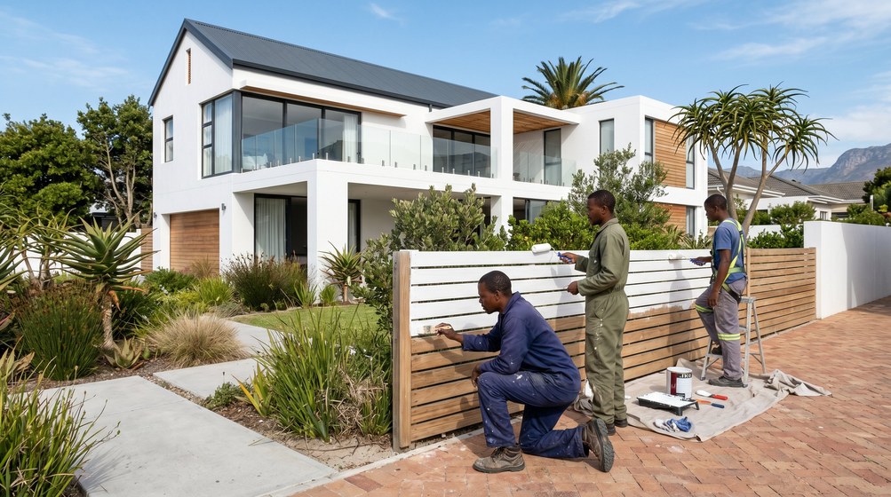 Professional fence painters painting a wooden fence at a Rawsonville home in Rawsonville