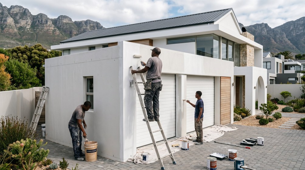 Professional painters painting a double garage exterior and garage doors in Rawsonville
