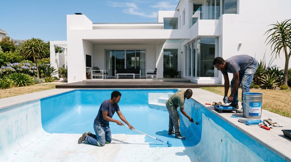 Professional pool painters applying blue pool paint to a swimming pool in Rawsonville