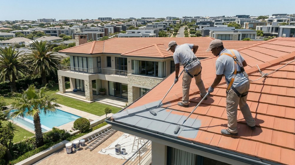 Professional roof painters applying waterproof coating to tiled roof in Rawsonville