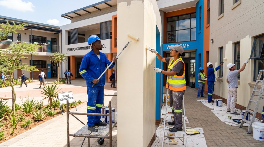 Professional school painting team painting a community school in Rawsonville