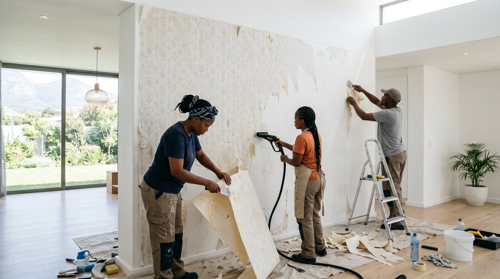 Professional wallpaper removal team stripping old wallpaper in a Rawsonville home