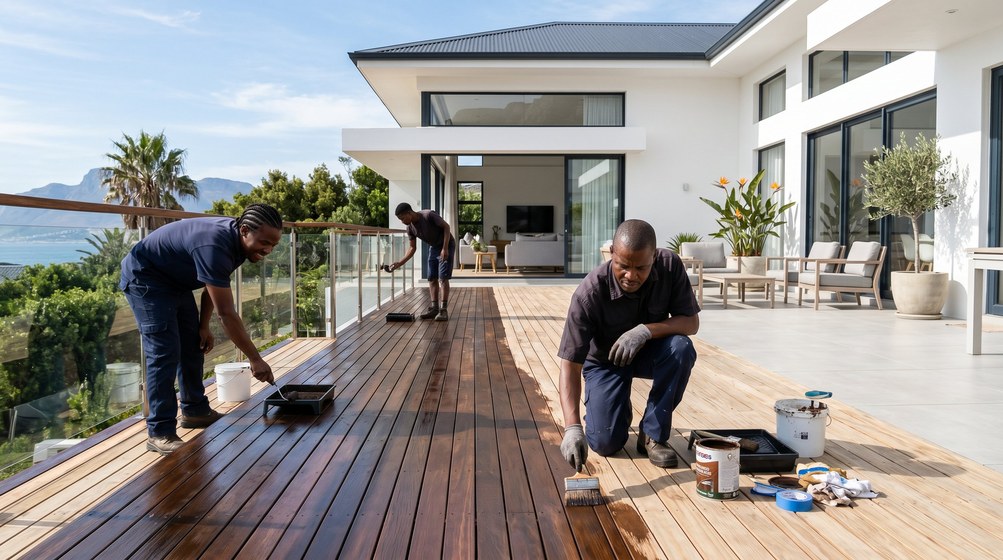 Professional wood staining team applying deck stain on a home in Rawsonville